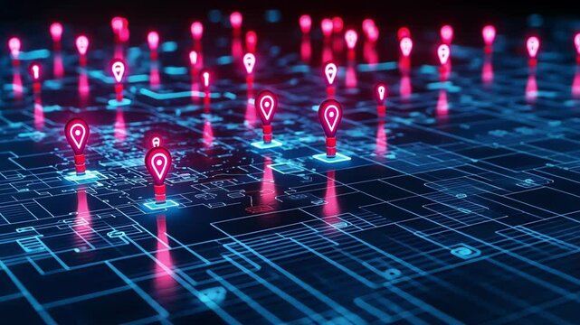 Glowing location pins are positioned on a futuristic circuit board map, representing global positioning, navigation, and location based services in a technological world