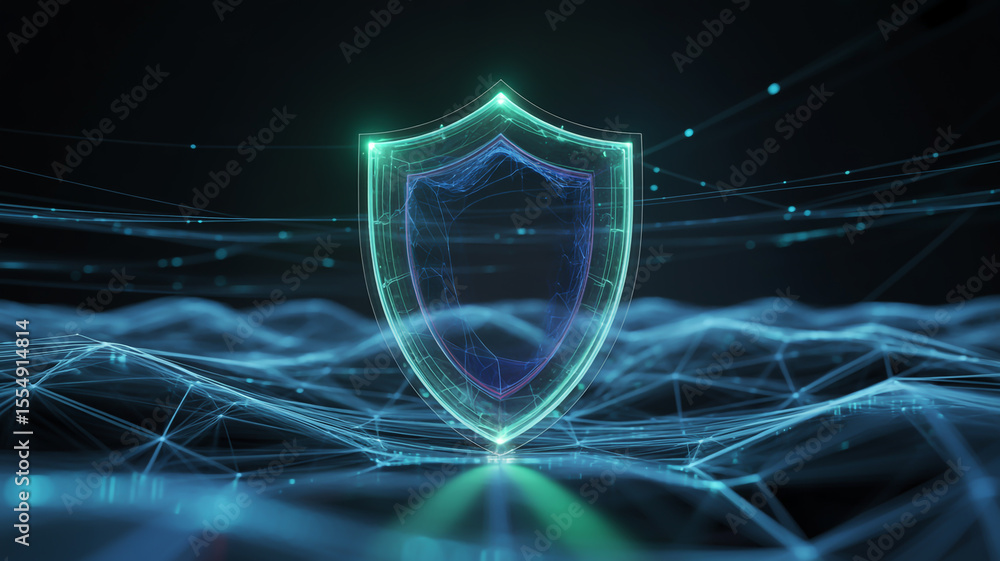 Poster glowing shield emblem over abstract blue digital network background with floating particles design