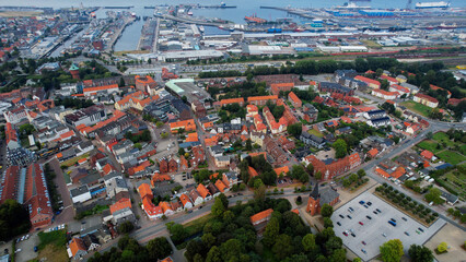 An arial panoramic view of the old town of the harbour city Esbjerg in Denmark on a cloudy spring afternoon