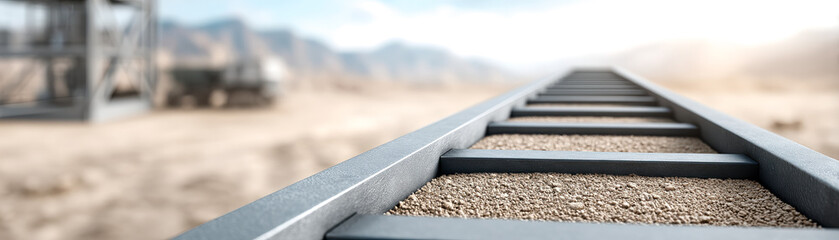 Close-up of railroad tracks extending into a blurred desert landscape with mountains and industrial structures in the background.