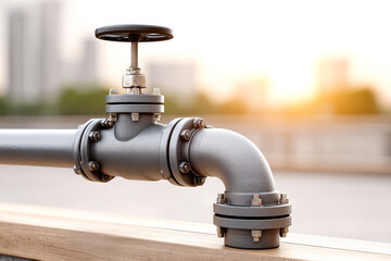 A close-up of a metal water valve with a wheel handle on an outdoor pipe during sunset.