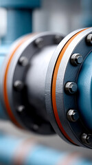 Close-up of industrial blue metal pipes with bolts and orange sealing rings in a factory or plant setting.