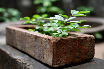 Small green plants growing in a rustic wooden planter box, showcasing fresh growth and natural texture.