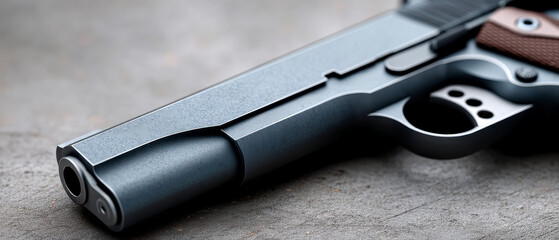 Close-up image of a handgun placed on a textured surface, showcasing the barrel and trigger area with a focus on the metallic details.