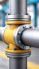 Close-up of industrial metal pipes connected by a yellow joint flange with bolts in a factory setting.