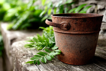 A rusty metal bucket sits on a weathered wooden surface with green fern leaves nearby, set against a soft green natural background.