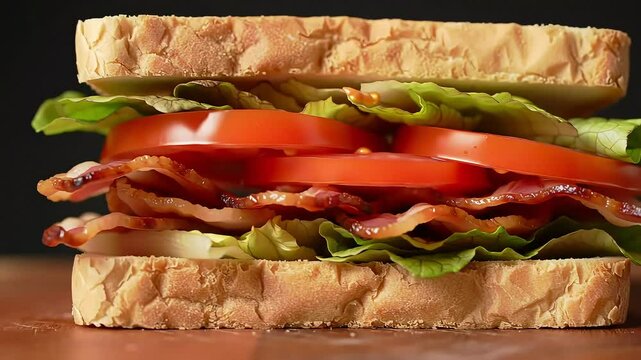 Close-up of a classic BLT sandwich on a dark wooden board, featuring crispy bacon, fresh lettuce, and thick tomato slices between toasted white bread. Rustic, vibrant, and appetizing.
