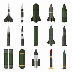 Ammunition war shell collection, various military missiles and rockets with different designs and purposes