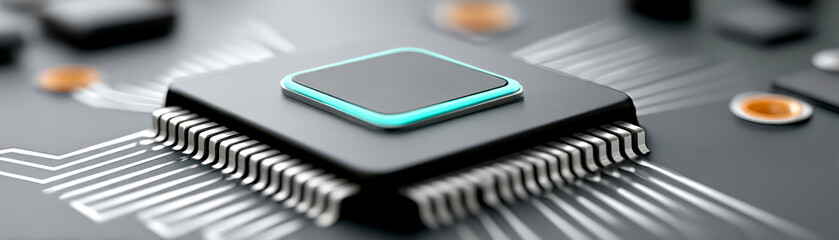 A close-up of a microchip on a circuit board with fine metallic connections and a glowing blue-green edge.