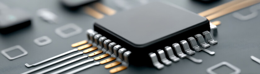 Close-up of a black microchip mounted on a circuit board with visible metallic connections and electronic pathways.