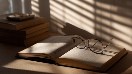 A peaceful home office setup featuring an open nonfiction book and eyeglasses on a minimalist desk by the window