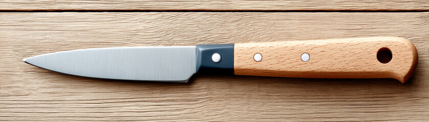 A sleek kitchen knife with a wooden handle resting on a wooden surface.