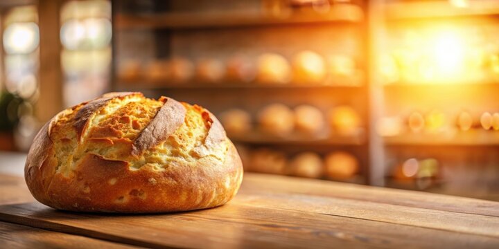 A freshly baked artisan loaf of bread sits on a rustic wooden table, bathed in warm golden light, with a blurred background showcasing a variety of baked goods in a bakery setting