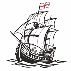 Historic sailing ship with full sails and english flag on the ocean waves