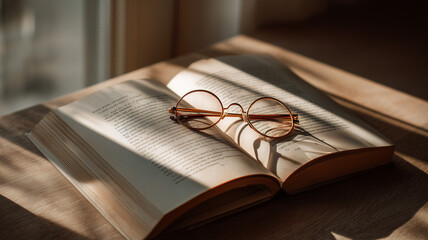 A peaceful home office setup featuring an open nonfiction book and eyeglasses on a minimalist desk by the window
