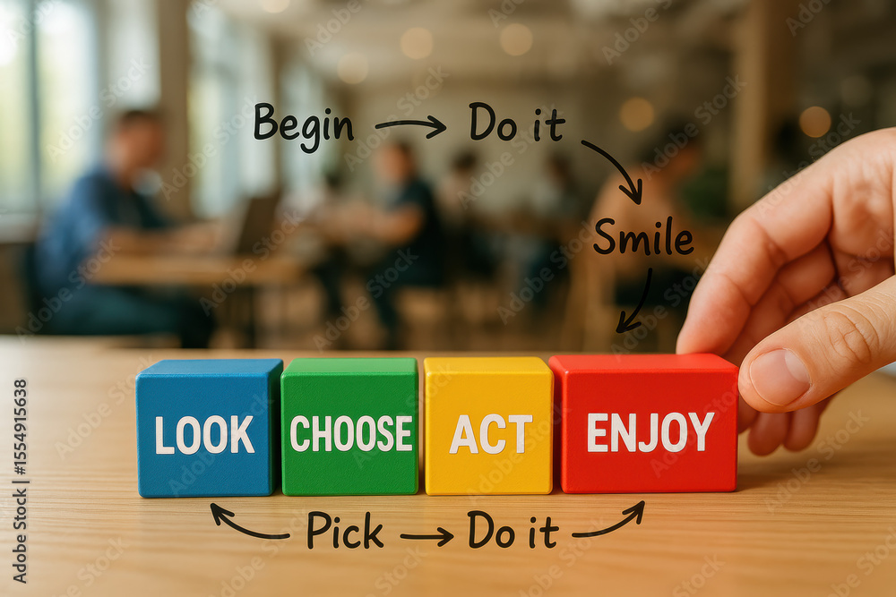 Poster a arranges colored cubes symbolizing decision action and enjoyment in a collaborative workspace refl