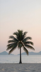 Obraz premium Minimalist Palm Tree on Tranquil Beach at Sunrise or Sunset
