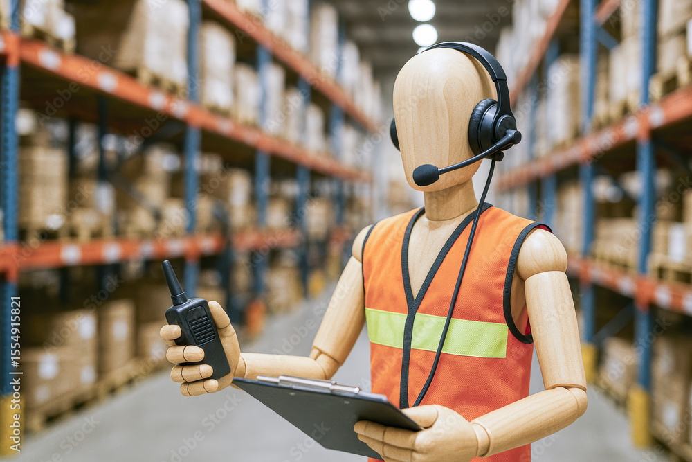 Poster efficient coordination and communication drive warehouse management as a mannequin demonstrates work