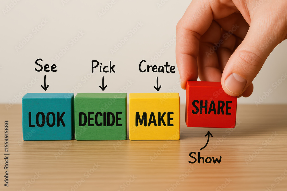 Poster a arranges colorful blocks illustrating the progression from observation to decision creation and sh