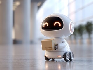 A cute white delivery robot holding a small box rolls through a blurred modern setting. delivery robot efficiently navigating a city street, transporting a package to its destination.