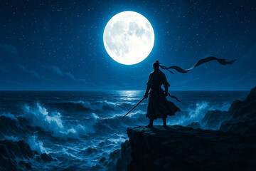 Fototapeta premium Mystical night fantasy with a water warrior channeling ocean energy under the radiant moon, designed as a serene and powerful visual for nature and magic lovers