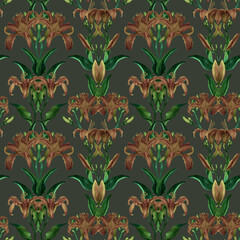 Seamless pattern with symmetry composition of orange daylily flower. Watercolor handdrawn tropical blooms on green stems. Classic retro design for fabric, textile. Plant ornament in Art Nouveau style.