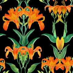 Seamless pattern with symmetry composition of orange daylily flower. Watercolor handdrawn tropical blooms on green stems. Classic retro design for fabric, textile. Plant ornament in Art Nouveau style.