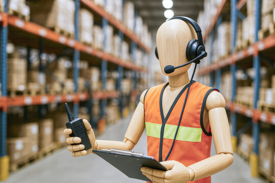 Efficient coordination and communication drive warehouse management as a mannequin demonstrates workflow control