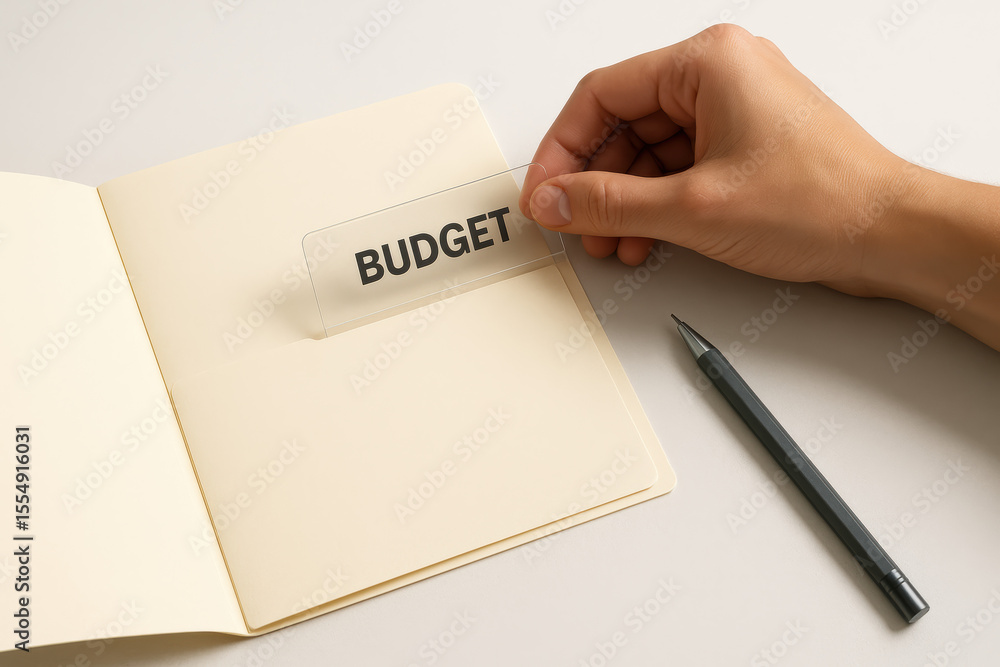 Poster a organizes financial planning by placing a transparent divider marked for budget control in an open