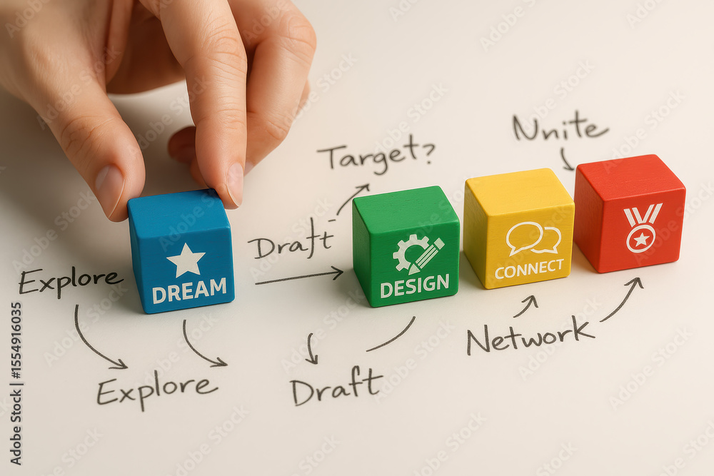 Poster a arranges colorful cubes symbolizing the creative process from envisioning dreams to designing and 