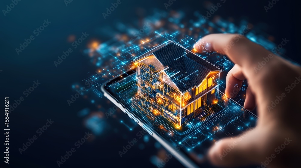 Poster futuristic digital smart home technology concept with holographic interface showing building design 