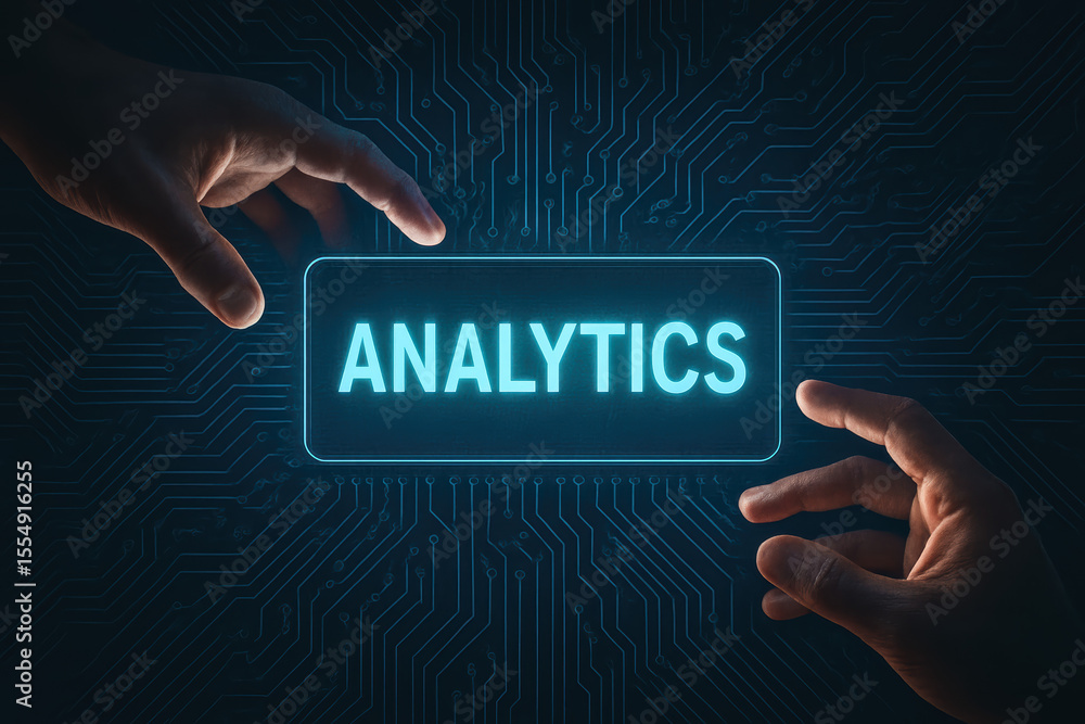 Poster insight and strategy converge as two hands illuminate digital analytics on a futuristic circuit boar