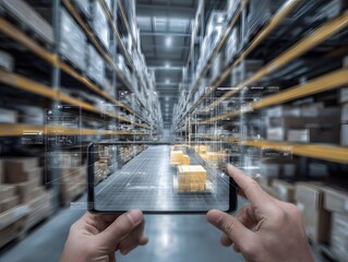 Smart warehouse management system using  reality technology to identify package picking and delivery . Future concept of supply chain.