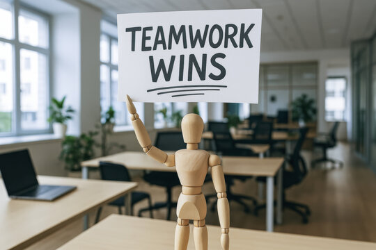 A wooden mannequin raises a sign emphasizing the value collaboration and collective effort to achieve business success