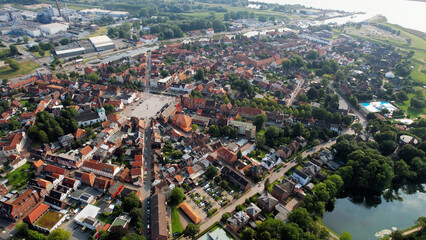 An arial panoramic view of the old town of the city Glückstadt in Germany on a sunny spring afternoon
