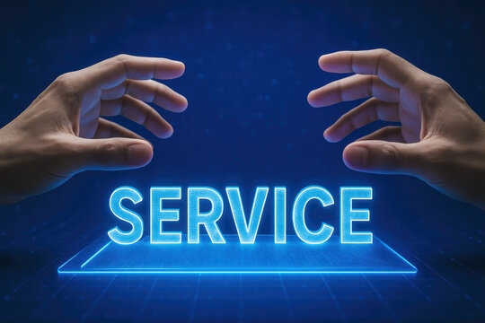 Innovative service delivery emerges as hands shape a glowing virtual interface symbolizing digital business solutions and interaction