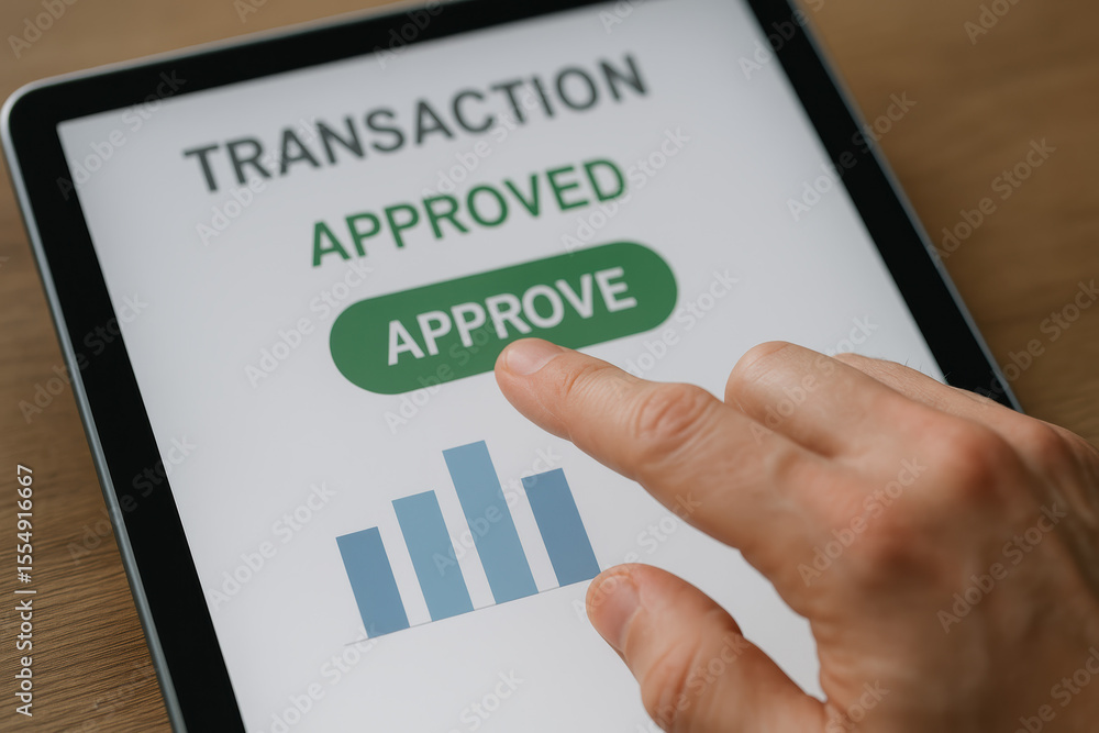 Poster a business decision is finalized as a presses the approve button on a digital transaction screen sho