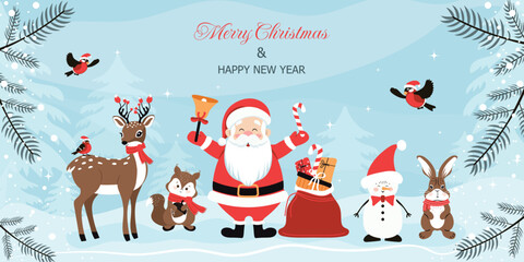 Winter holiday background with hand-drawn Santa, funny animals and birds. Holiday concept. Vector design for postcards, banners, posters, covers and more.