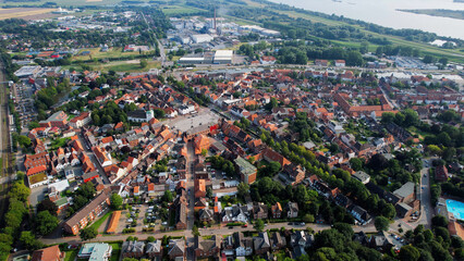 An arial panoramic view of the old town of the city Glückstadt in Germany on a sunny spring afternoon
