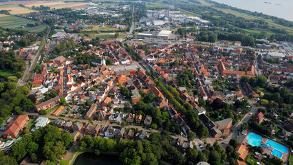 An arial panoramic view of the old town of the city Glückstadt in Germany on a sunny spring afternoon
