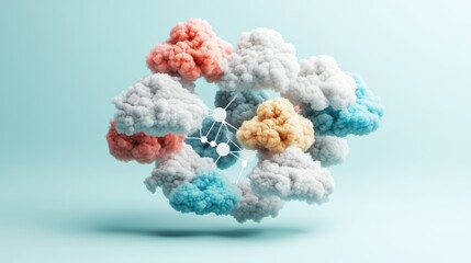 Abstract cloud formation with colorful smoke plumes and molecular structure representation on pastel background