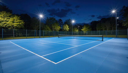 Illuminated tennis court at night with dark blue sky and clouds, showing the net, lines, and surrounding trees.