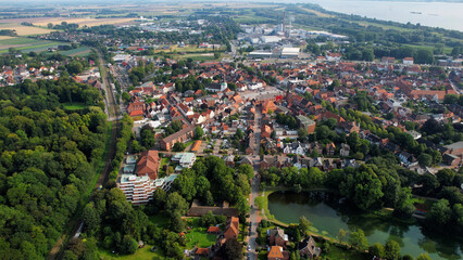 An arial panoramic view of the old town of the city Glückstadt in Germany on a sunny spring afternoon
