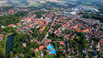 An arial panoramic view of the old town of the city Glückstadt in Germany on a sunny spring afternoon
