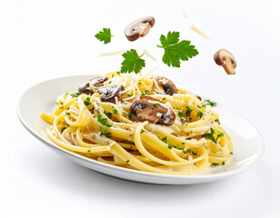 Delicious Creamy Mushroom Pasta with Herbs and Cheese on Plate
