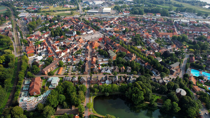 An arial panoramic view of the old town of the city Glückstadt in Germany on a sunny spring afternoon
