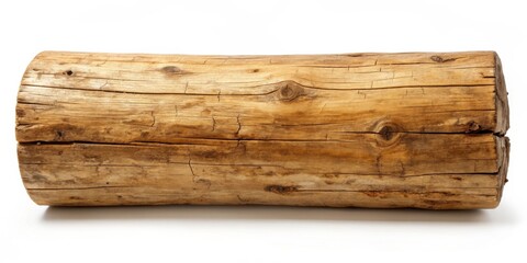Obraz premium A weathered log, showing its age and texture, rests on a stark white background. The wood's natural grain and cracks tell a story of time and the elements.