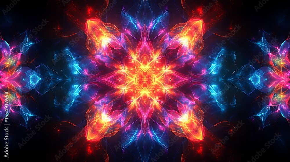 Poster abstract fractal kaleidoscope background with vibrant colors, intricate patterns and symmetrical des