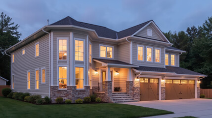 Modern house exterior beautiful architecture evening lighting landscaped yard residential property large windows garage doors peaceful neighborhood