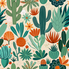 Charming botanical repeat pattern with succulents and cacti in earth tones provides a desert garden themed design element.